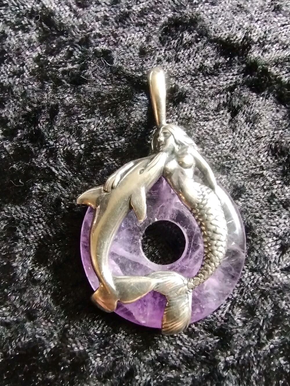 Vintage Sterling Silver Mermaid Dolphin Amethyst Donut Pendant Signed Lee 95'